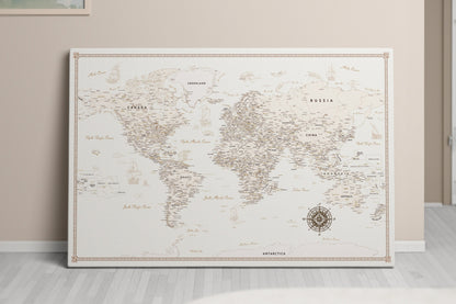 Personalised World Map on Canvas Pushpins Pinboard - Cream