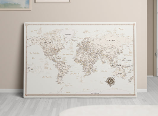 Personalized World Map on Canvas Pushpins Pinboard - Cream