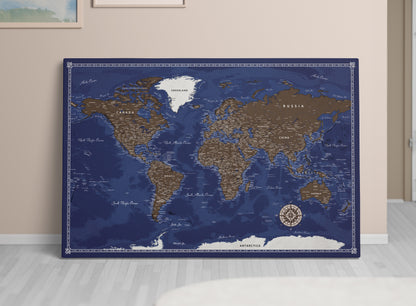Personalised World Map on Canvas Pushpins Pinboard - Raw Earth