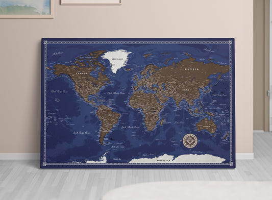 Personalized World Map on Canvas Pushpins Pinboard - Raw Earth