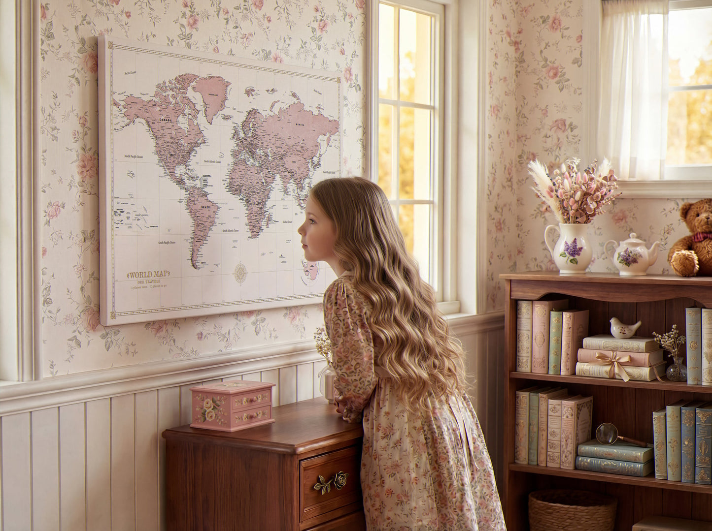 Personalised World Map on Canvas Pushpins Pinboard - Rose Compass