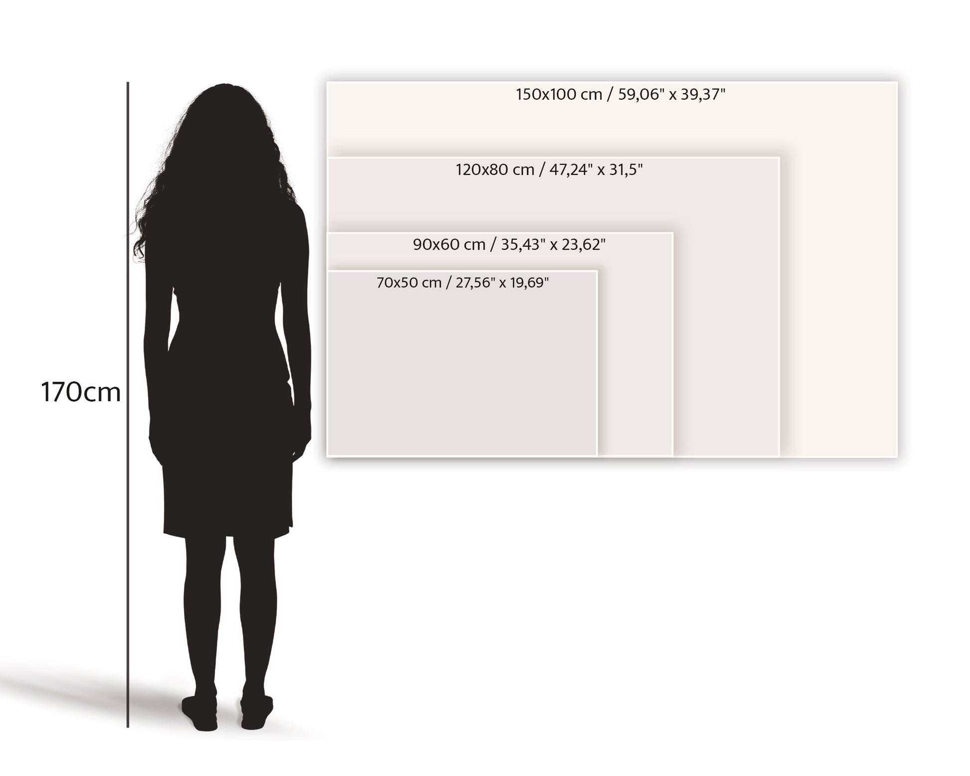 Silhouette of a woman standing next to a size comparison chart showing four different canvas map dimensions in centimeters and inches.
