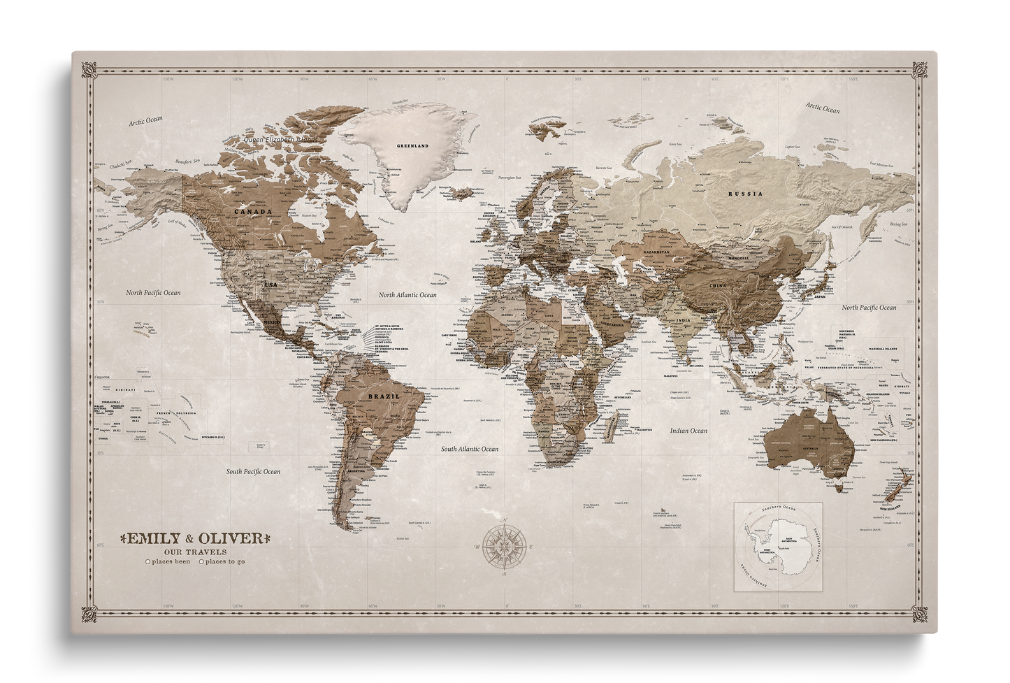 Personalised World Map on Canvas Pushpins Pinboard - Desert Tones