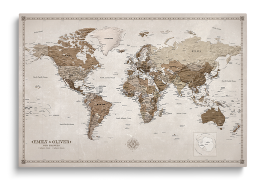 Personalised World Map on Canvas Pushpins Pinboard - Desert Tones