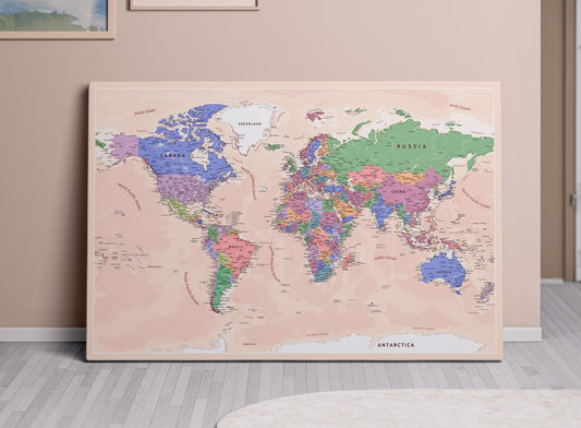 Personalized World Map on Canvas Pushpins Pinboard - Pastel Vibe