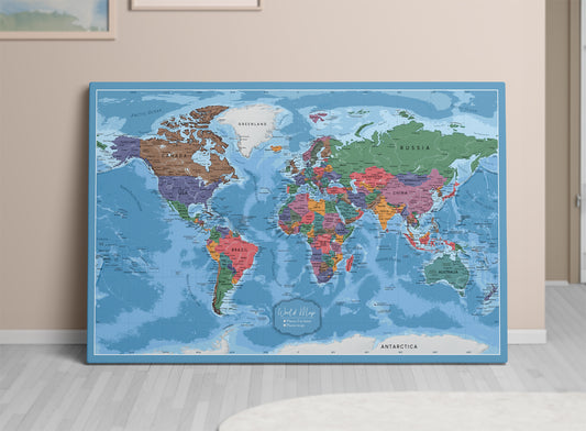 Personalized World Map on Canvas Pushpins Pinboard - Colorfully