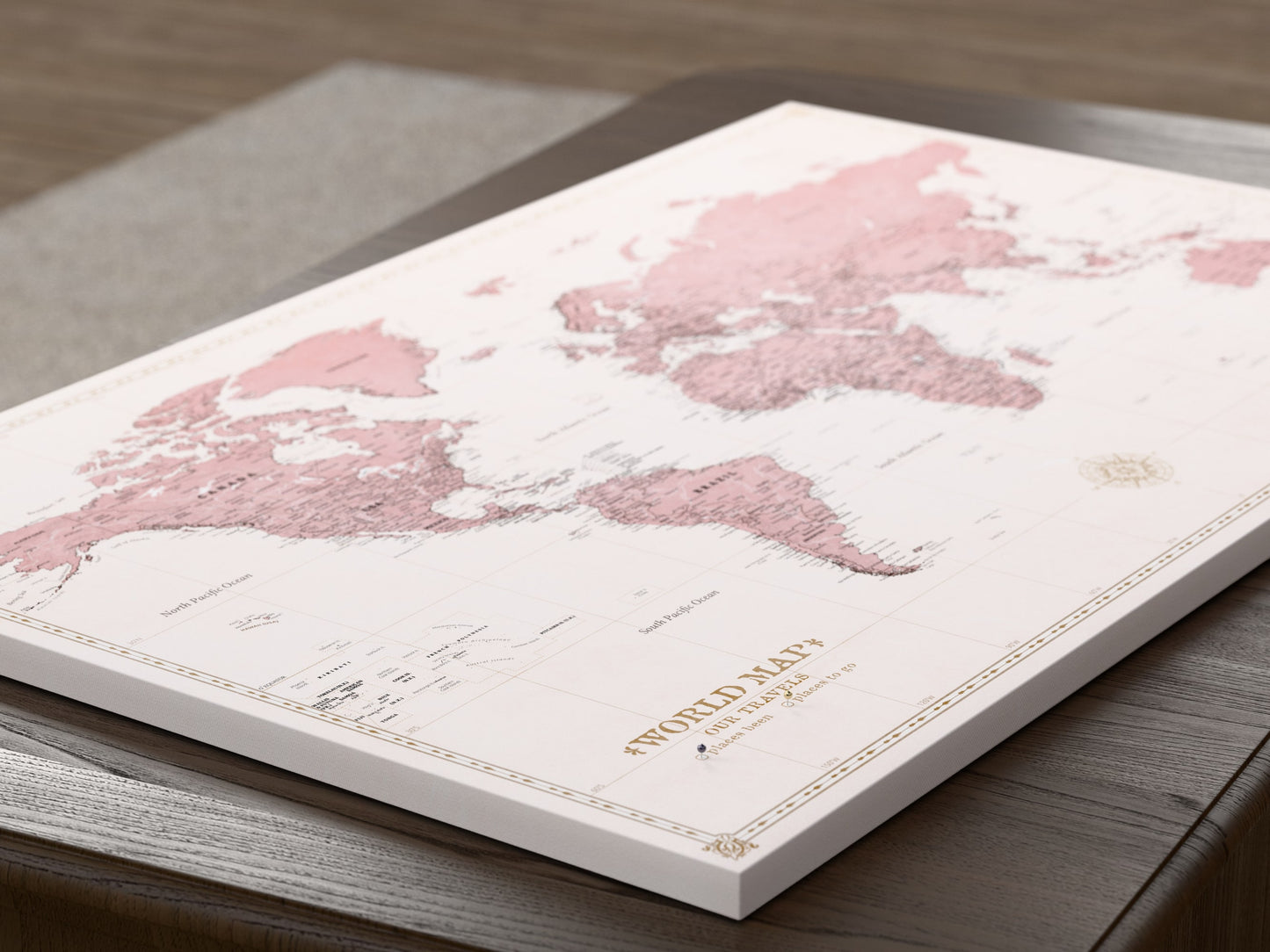 Personalised World Map on Canvas Pushpins Pinboard - Rose Compass