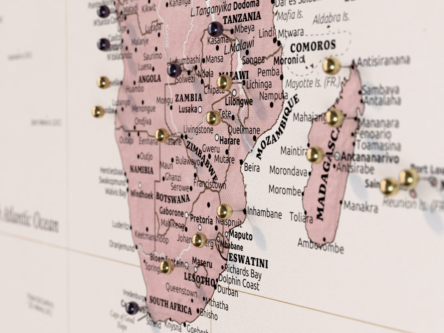 Personalised World Map on Canvas Pushpins Pinboard - Rose Compass