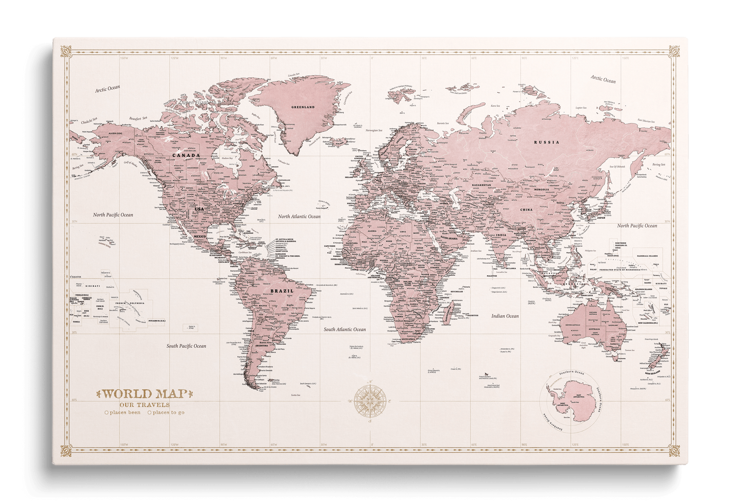 Personalised World Map on Canvas Pushpins Pinboard - Rose Compass