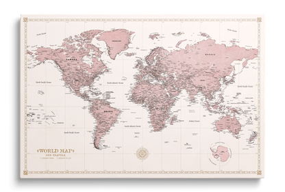 Personalised World Map on Canvas Pushpins Pinboard - Rose Compass