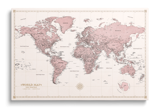 Personalised World Map on Canvas Pushpins Pinboard - Rose Compass