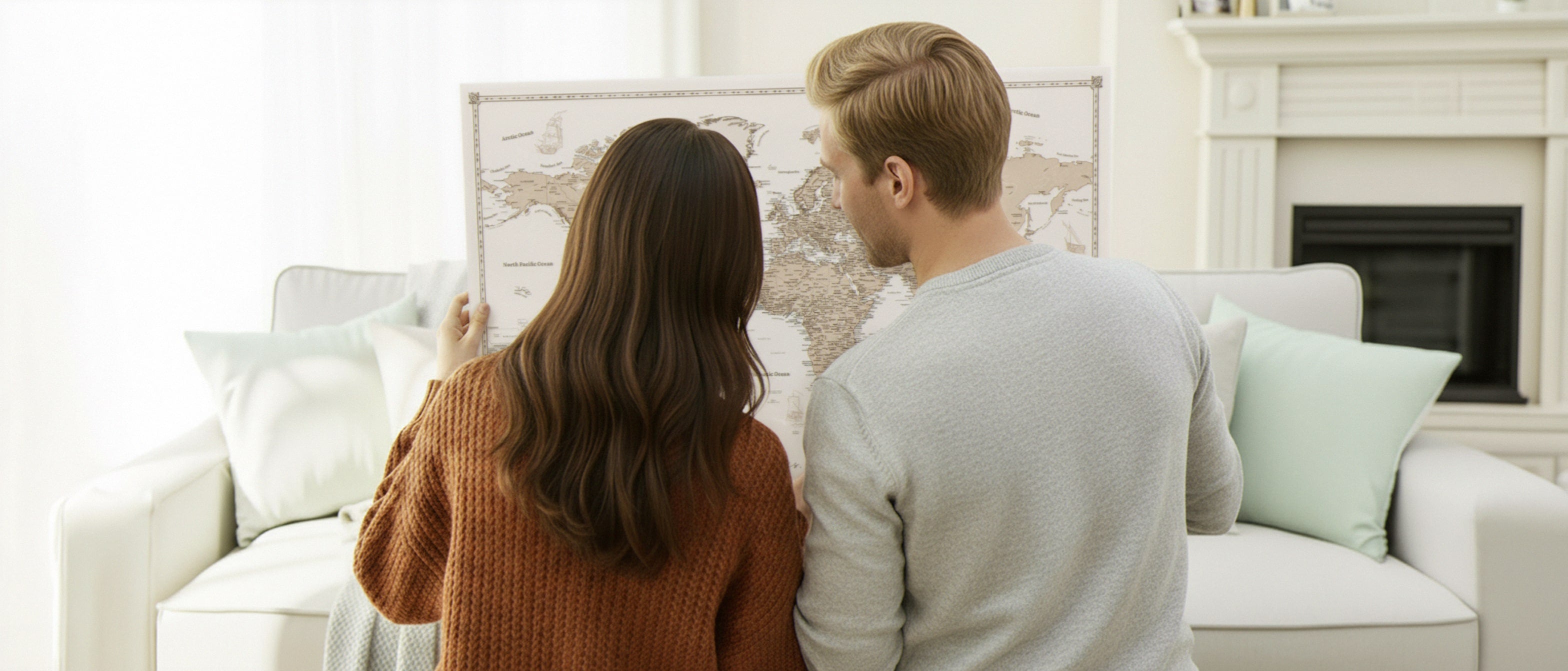 Couple looking at a world map canvas pinboard for marking past and future travels in the living room