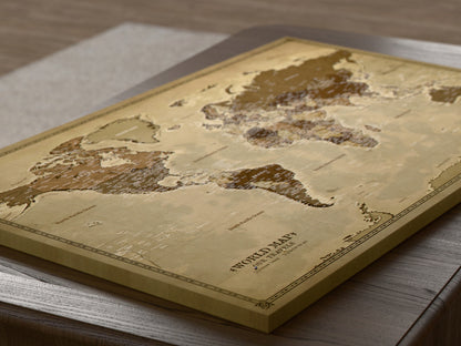 Personalized World Map on Canvas Pushpins Pinboard - Vintage Sepia