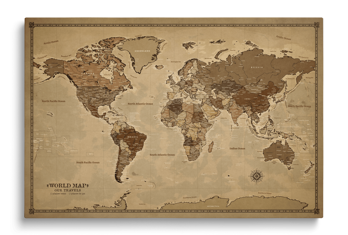 Personalized World Map on Canvas Pushpins Pinboard - Vintage Sepia