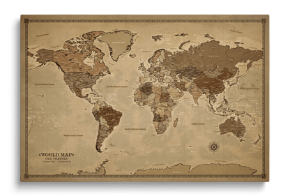 Personalized World Map on Canvas Pushpins Pinboard - Vintage Sepia