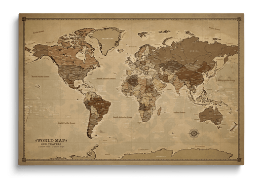 Personalized World Map on Canvas Pushpins Pinboard - Vintage Sepia