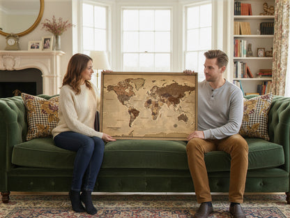 Personalized World Map on Canvas Pushpins Pinboard - Vintage Sepia