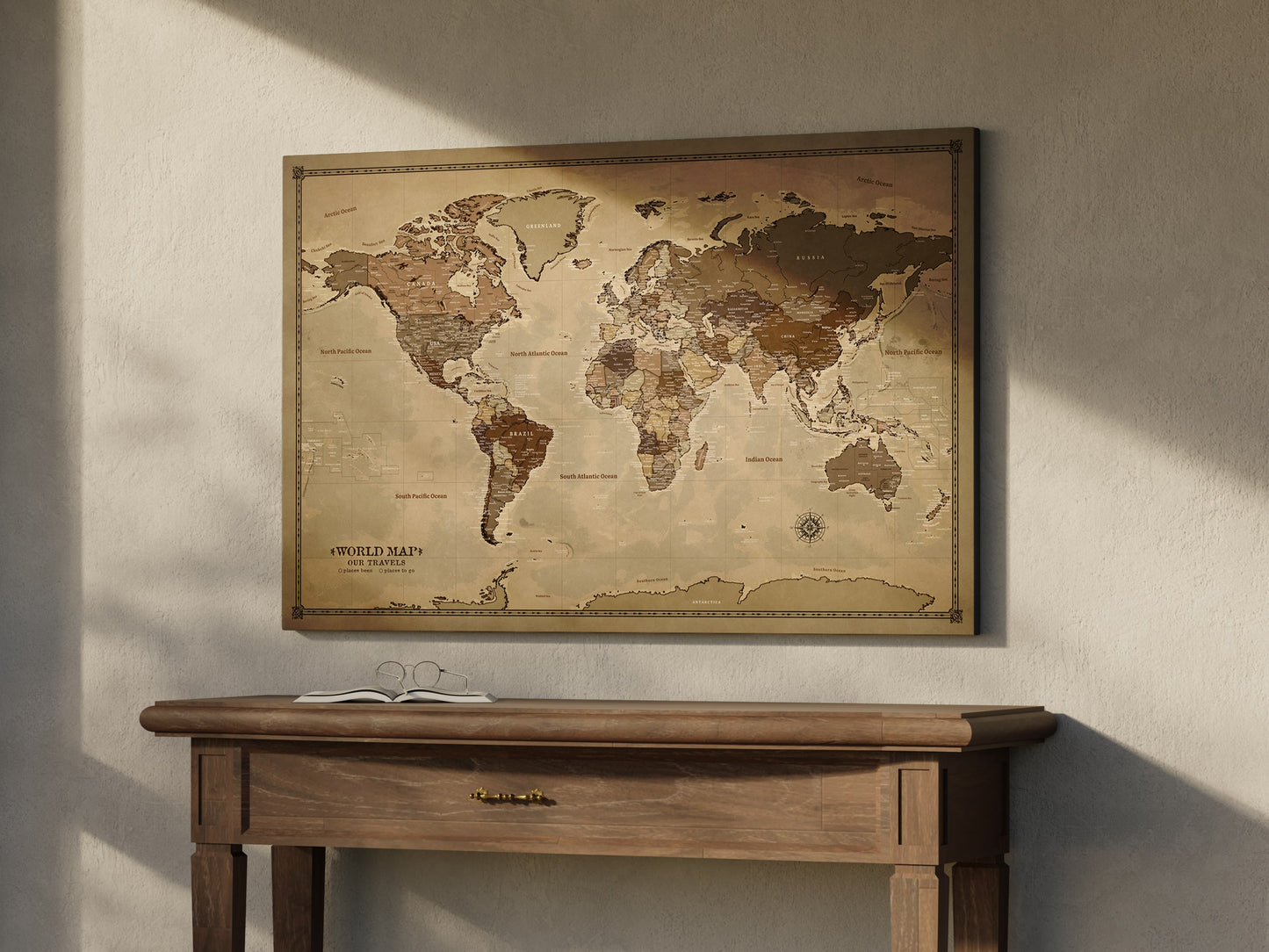 Personalized World Map on Canvas Pushpins Pinboard - Vintage Sepia