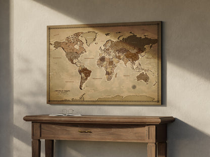 Personalized World Map on Canvas Pushpins Pinboard - Vintage Sepia