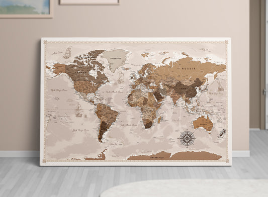 Personalizowana Mapa świata na płótnie w formie tablicy korkowej z pinezkami - Vintage Travels
