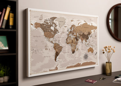 Personalized World Map on Canvas Pushpins Pinboard - Vintage Travels
