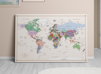 Personalised World Map on Canvas Pushpins Pinboard - Pastel