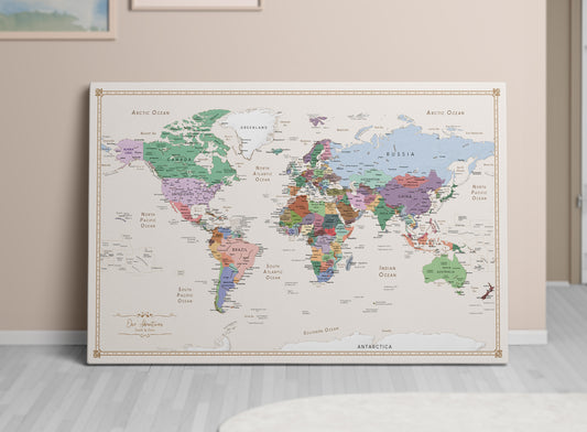 Personalized World Map on Canvas Pushpins Pinboard - Pastel