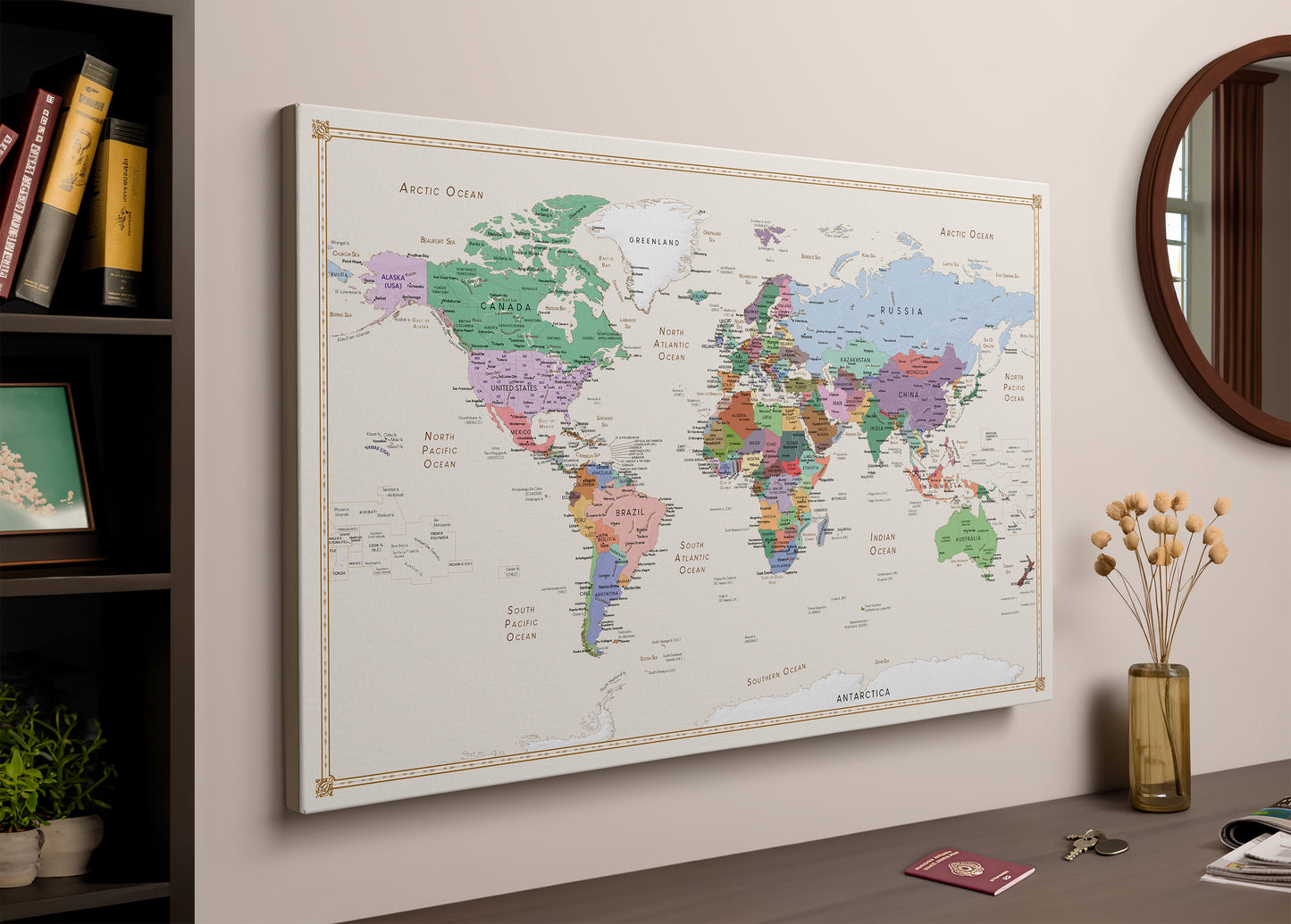 Personalised World Map on Canvas Pushpins Pinboard - Pastel