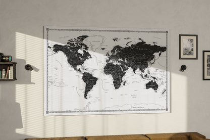 Personalised World Map on Canvas Pushpins Pinboard - Classic Black & White