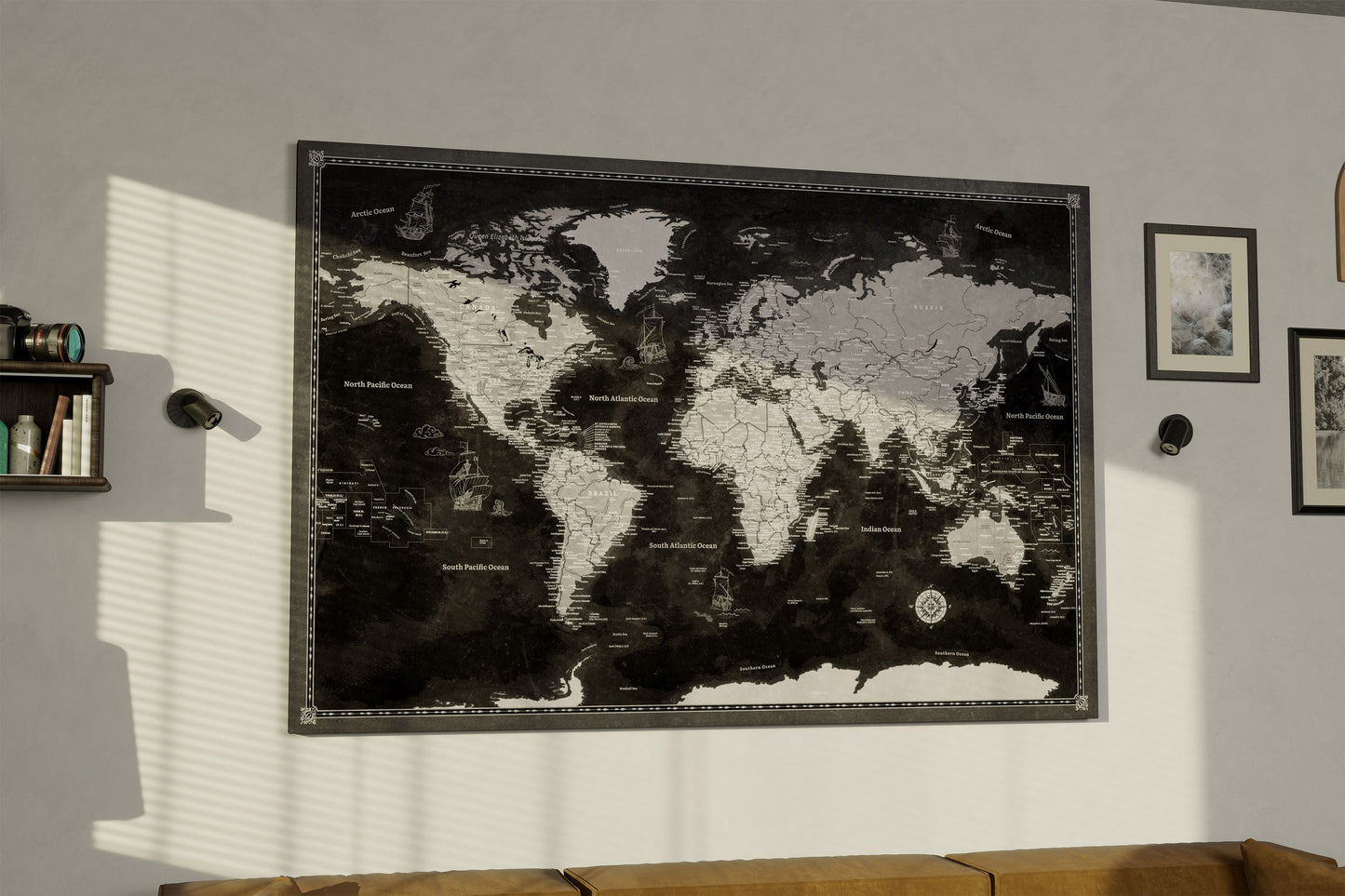 Personalised World Map on Canvas Pushpins Pinboard - Metalic