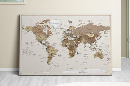 Personalized World Map on Canvas Pushpins Pinboard - Choco Latte