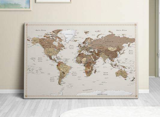 Carte du Monde Personnalisée sur Toile avec Épingles - Choco Latte