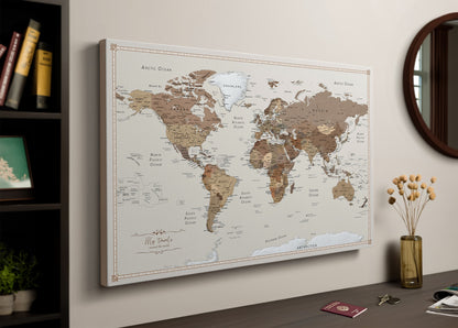 Personalized World Map on Canvas Pushpins Pinboard - Choco Latte