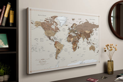 Personalized World Map on Canvas Pushpins Pinboard - Choco Latte