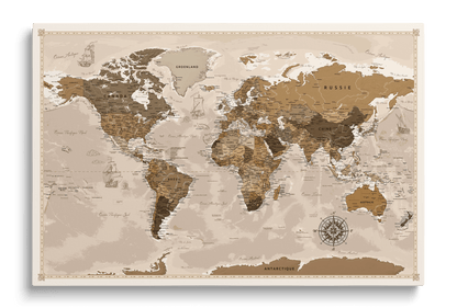 Personalised World Map on Canvas Pushpins Pinboard - Vintage Travels