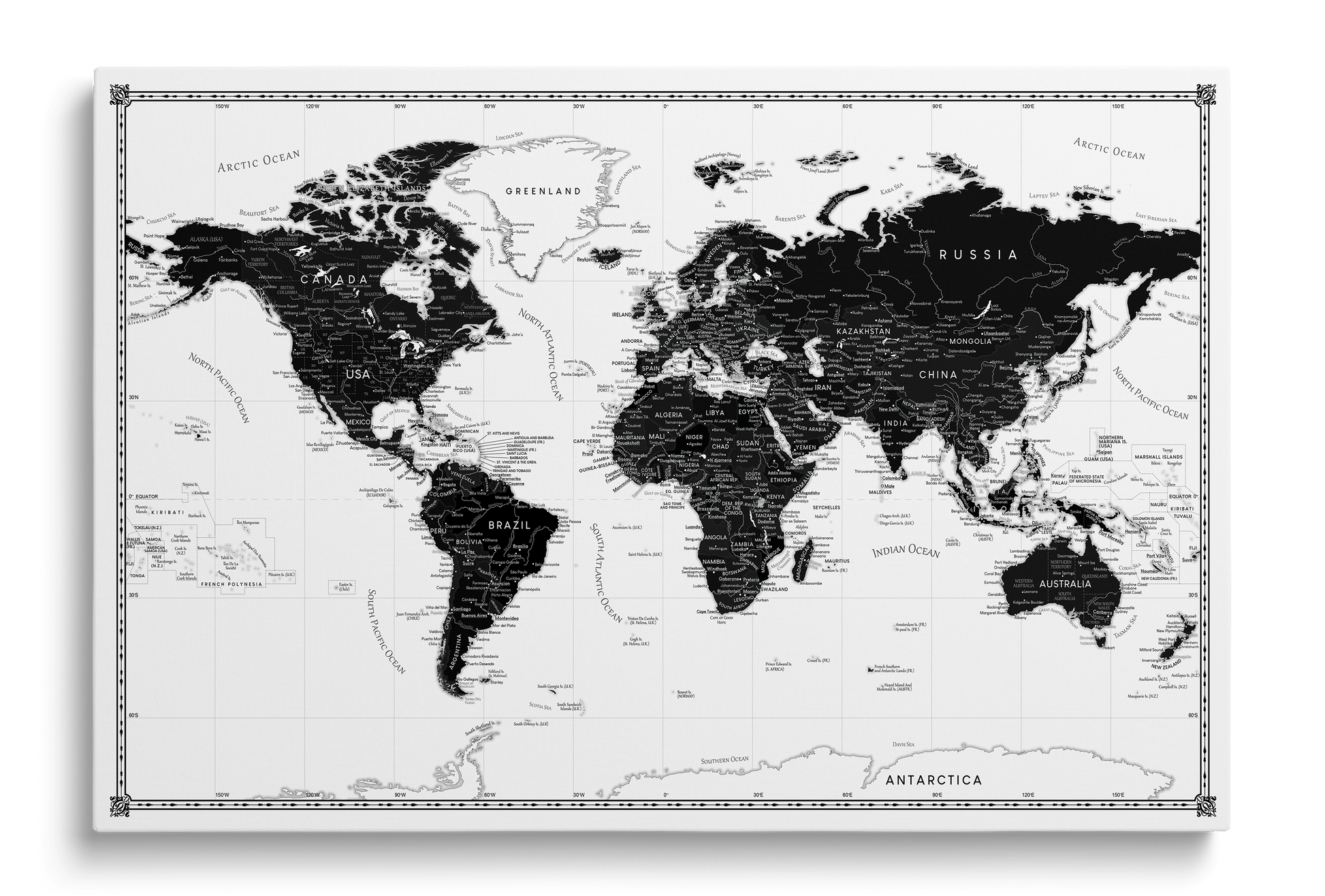 Black and white world map pinboard on canvas with pushpins, modern wall decor for home or office