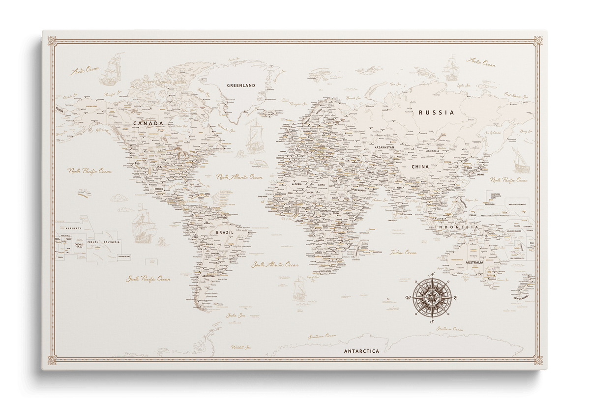 Pinboard World Map on canvas - Cream Minimalist, cork board pushpins ...