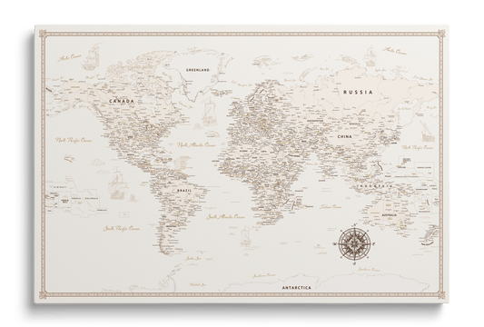 Cream world map on canvas with pushpins for marking places, elegant wall decor and as beautiful gift for couples