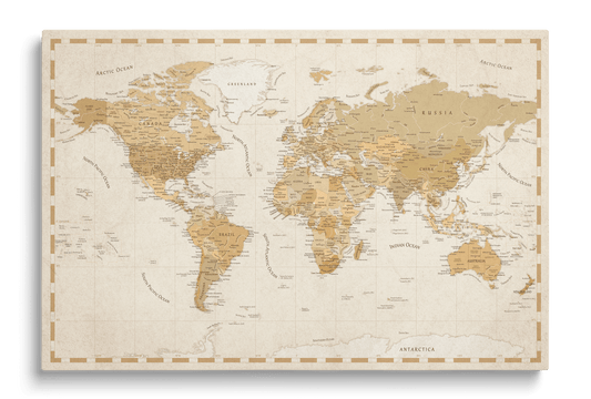World map push pin board on canvas in gold tones, perfect as elegant wall decor for marking travels, great as a gift