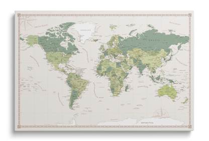 Green world map on canvas with pushpins for marking travels, decorative and functional wall decor