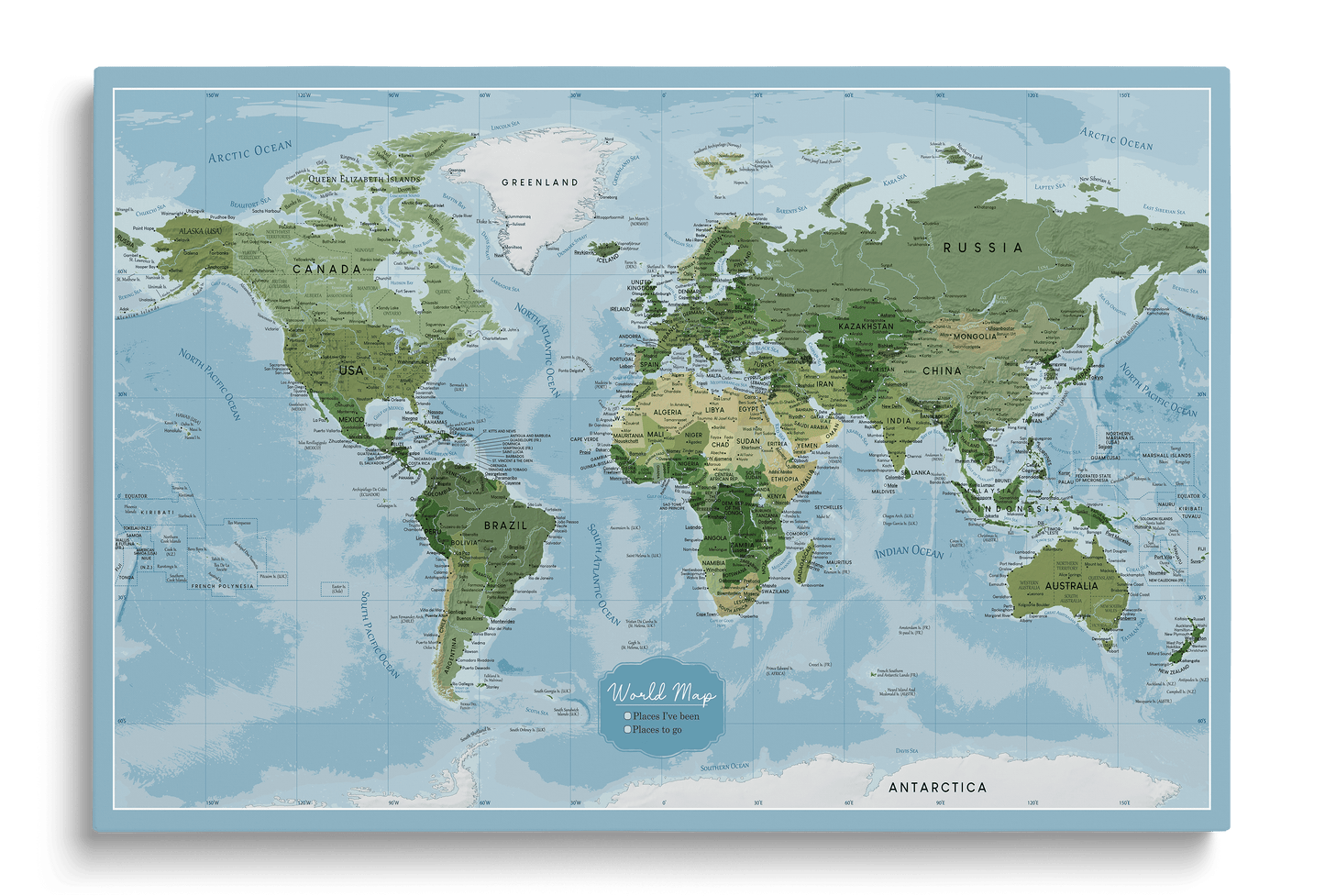 Educational world map pinboard on canvas with pushpins for marking places in shades of blue and green, perfect for schools, nursery and kids