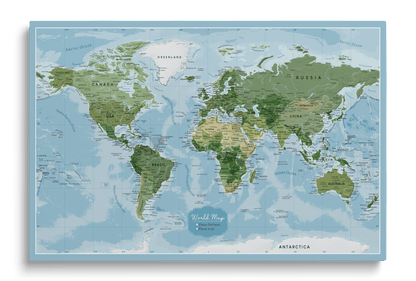 Educational world map pinboard on canvas with pushpins for marking places in shades of blue and green, perfect for schools, nursery and kids