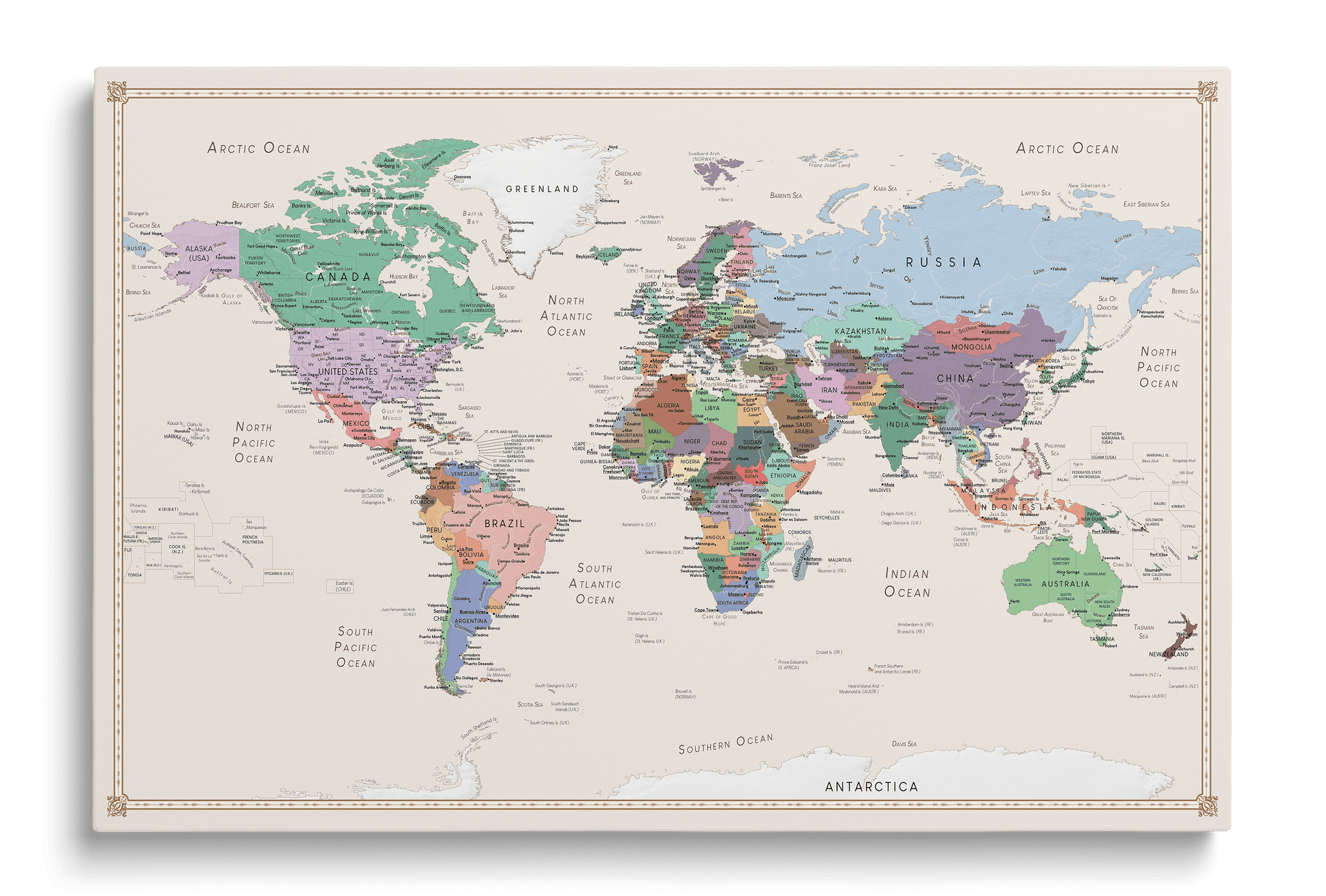 Pastel world map on canvas notice board with pushpins for marking travels, decorative wall art, perfect for home or office