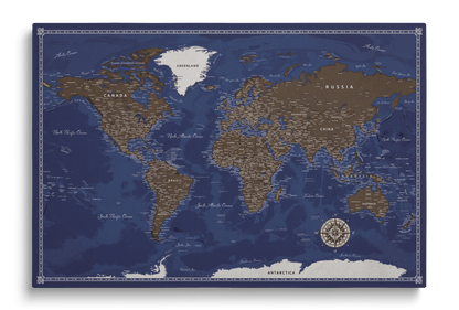 Navy blue world map on canvas cork board with brown countries