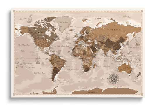 Travel world map pinboard in vintage style on canvas with pins, stylish wall decor for home or as a gift for travellers, perfect for marking places