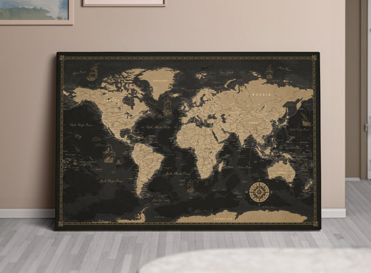 Carte du Monde Personnalisée sur Toile avec Épingles - Voyages Dorés