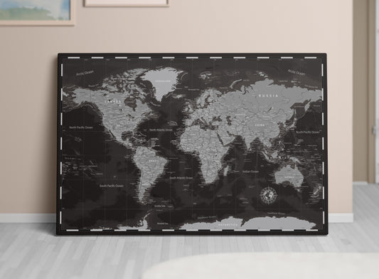 Personalisierte Weltkarte auf Leinwand mit Stecknadeln - Metalic