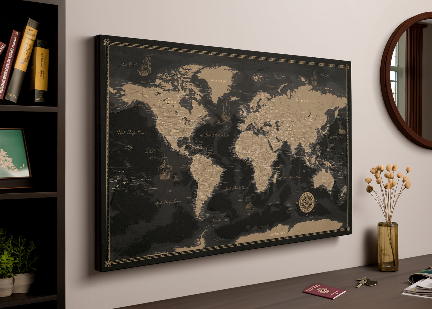 Personalized World Map on Canvas Pushpins Pinboard - Golden Travels
